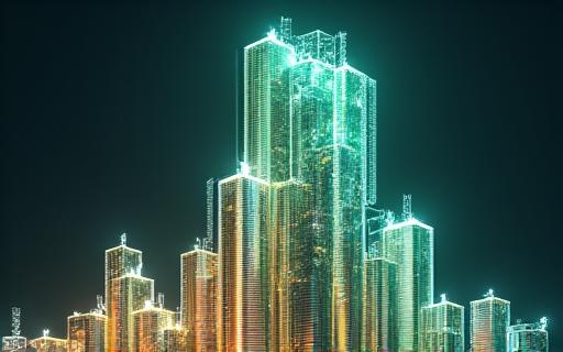 A physical building transforming into digital blocks