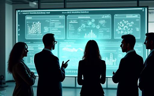 A team collaborating over a digital strategy board