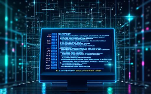 Code on a screen with blockchain network overlay